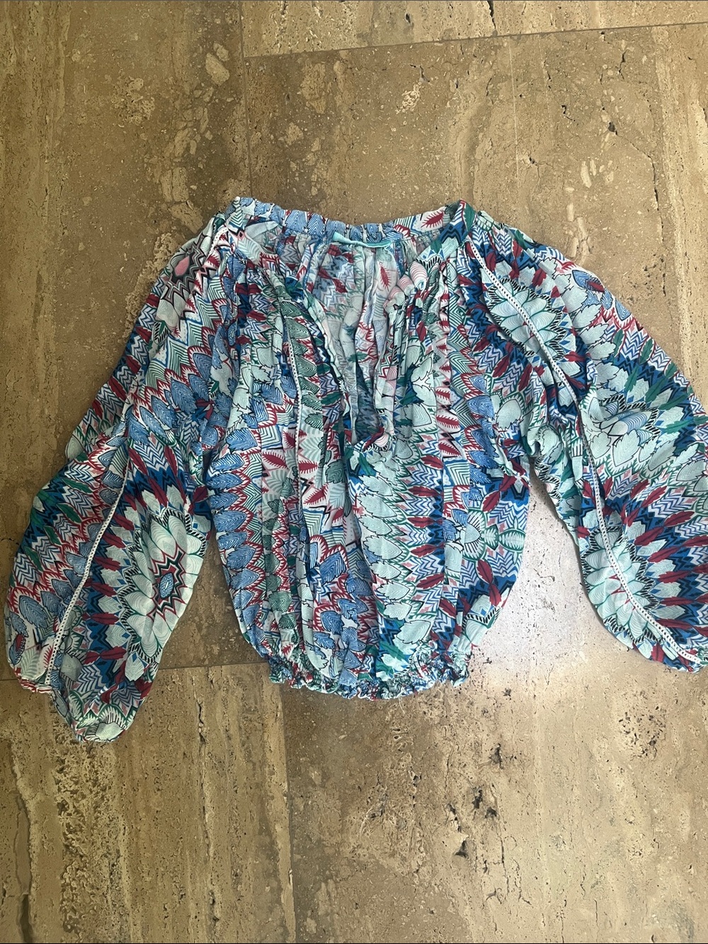 Melissa Odabash Blue Multi Floral-Geo Off-Shoulder Blouse